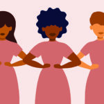 Sisterhood, woman rights, girl power. Multicultural group of females stand together. Variety of nationalities and races of feminists. Different ethnicity ladies with hands on hips. Vector illustration