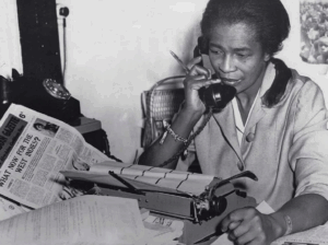 Jones working in the West Indian Gazette in Brixton offices, South London, in 1962 via FPG/Archive Photos/Getty Images